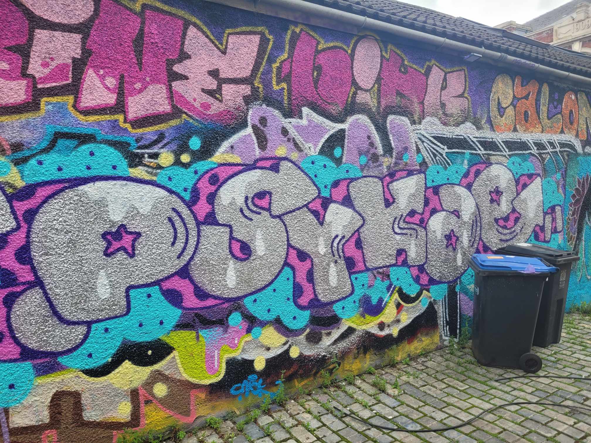 Vibrant graffiti mural featuring the word 'Psycho' in bold letters with colorful designs.
